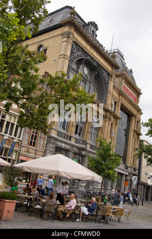 Vertical view across Vrijdagmarkt aka Friday Market to Ons Huis Bond Moyson the House of the Socialist People. Stock Photo