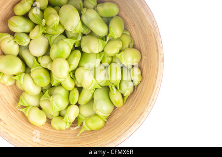 Bowl of young, fresh and tender broad beans on white. Stock Photo