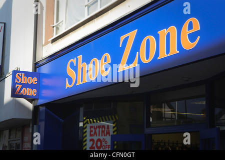 Shoe Zone - store sign. Westgate street, Ipswich, Suffolk, UK. Stock Photo