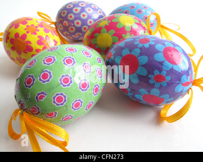 A collection of colourful  decorative hanging  Easter eggs. Stock Photo