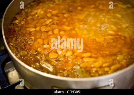 A home-cooked pot of Corsican minestrone made with beans, pork and vegetables (zuppa corsa), in Zonza, in the Alta Rocca region of Corsica, France.