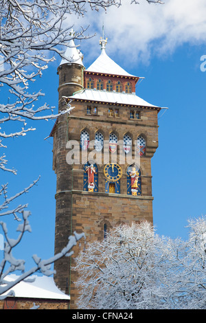 Cardiff Castle in snow, Cardiff, South Wales, Wales, United Kingdom, Europe Stock Photo