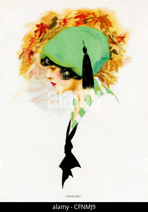 Henley, 1920 Art Deco illustration of a pretty girl in a green hat Stock Photo