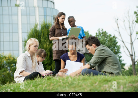 University students studying together outdoors Stock Photo