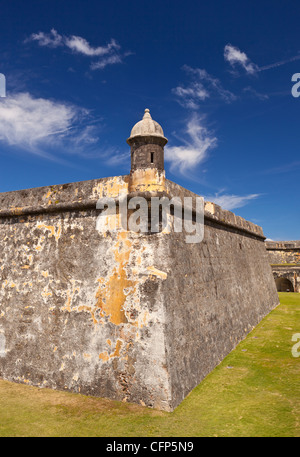 OLD SAN JUAN, PUERTO RICO - Sentry box on wall of Castillo San Felipe del Morro, historic fortress. Stock Photo