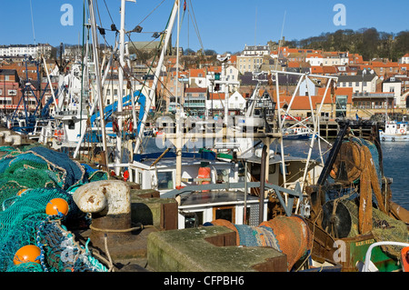 Close up of fishing boats boat trawler at the quayside Scarborough Harbour town seaside resort North Yorkshire England UK United Kingdom Britain Stock Photo