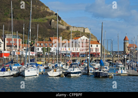 Boats boat yacht yachts moored in the Inner Harbour on a sunny winters day Scarborough North Yorkshire England UK United Kingdom GB Great Britain Stock Photo