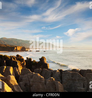 Eroded limestone formations known as Pancake Rocks, Dolomite Point, Punakaiki, on the west coast of New Zealand's South Island. Stock Photo