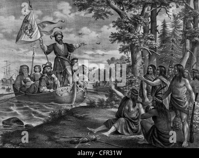 Landing of Christopher Columbus in America, at San Salvador, October 12th 1492 Stock Photo