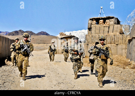 US Army soldiers conduct security patrols near the Pakistan border at Combat Outpost Dand Patan February 29, 2012 in Paktya province, Afghanistan. Stock Photo