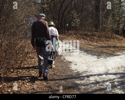 Senior couple hiking in the woods Stock Photo