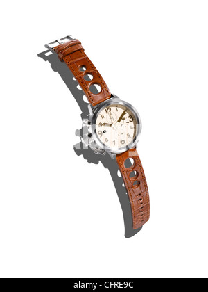 A modern watch with a leather strap on a white background with creative shadow. Stock Photo