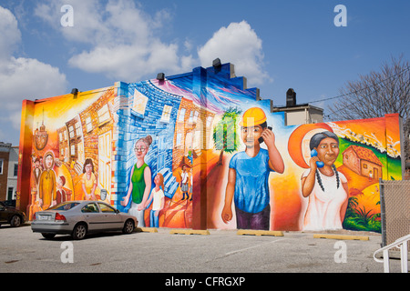 Colorful mural, Highlandtown neighborhood, Baltimore, Maryland Stock Photo