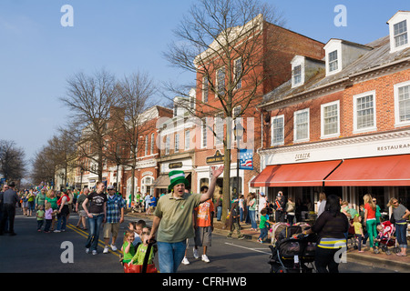 Crowds on Washington Street after St. Patrick's Day parade, Easton, Maryland, Talbot County, Eastern Shore Stock Photo