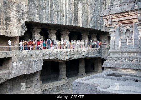 Indian scholars visiting the Kailasa Temple. Ellora Caves. Maharashtra. India Stock Photo