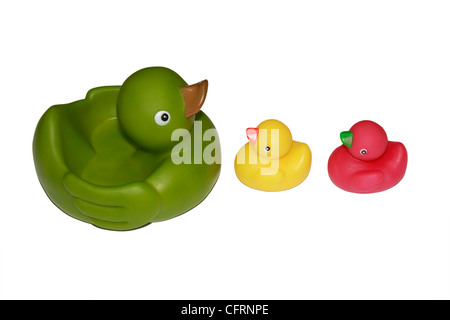 A cut out showing baby bath toys of a mother duck and ducklings Stock Photo