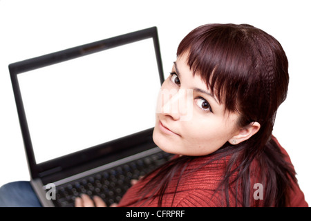 Happy beautiful young woman using laptop on White Background Stock Photo
