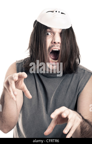 Scary horror man screaming, isolated on white background. Stock Photo