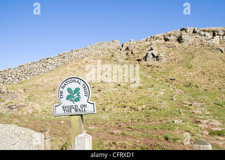 A National Trust sign at Hadrian's Wall - England.  Shield on the Wall Stock Photo