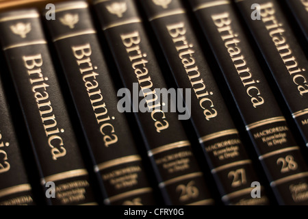 Home library shelves with 20th century edition (1988) of Encyclopedia Britannica in classic binding Stock Photo