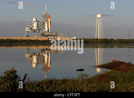 120706 tc met shuttle (1of6) Staff Photo by Paul J. Milette/The Palm Beach Post 0030572A CAPE CANAVERAL- The space shuttle Discovery sits on launch pad B at the Kennedy Space Center early Thursday morning. Bad weather is the only concern for NASA as they get ready for a 9:35 lift-off Thursday night. Stock Photo