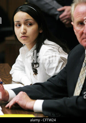 Laura Medina (left) and her lawyer Joseph D. O'Sullivan watch as potential jurors file into the courtroom during opening day of jury selection at the Hayward Hall of Justice on Tuesday, Jan. 23, 2007, in Hayward, Calif.  Medina is charged with second-degree murder. (Jane Tyska/The Daily Review) Stock Photo