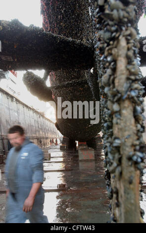 The USS Pampanito, a WW II submarine, is put in dry dock at Bay Ship and Yacht in Alameda, Calif., Tuesday, Jan. 23, 2007, where it will be cleaned up and returned to Pier 45 in San Francisco. (Joanna Jhanda/Contra Costa Times) Stock Photo