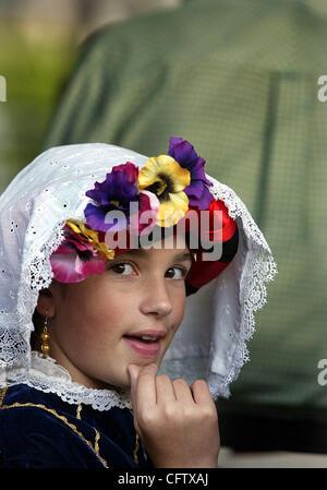 Jan 26, 2007 - Delray Beach, FL, USA - DEMI PAPASTAVROU, 11, waits impatiently for her troupe, St. Mark's Syrtaki of Boca Hellenic Dancers, to take the dance floor during the 25th annual St. Mark Greek Orthodox Church's Greek Festival Friday, Jan. 26, 2007 in Boca Raton. This junior division of danc Stock Photo
