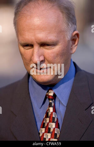 February 14, 2007 San Diego California USA (LtoR) Attorney MARK GERAGOS and client BRENT WILKES  arrives at Federal Court in San Diego where WILKES was arraigned on fraud and conspiracy charges along with KYLE 'DUSTY' FOGGO in connection with former congressman RANDY 'DUKE'  CUNNINGHAM.  WILKES and  Stock Photo