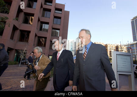 February 14, 2007 San Diego California USA (LtoR) Attorney MARK GERAGOS and client BRENT WILKES  arrives at Federal Court in San Diego where WILKES was arraigned on fraud and conspiracy charges along with KYLE 'DUSTY' FOGGO in connection with former congressman RANDY 'DUKE'  CUNNINGHAM.  WILKES and  Stock Photo