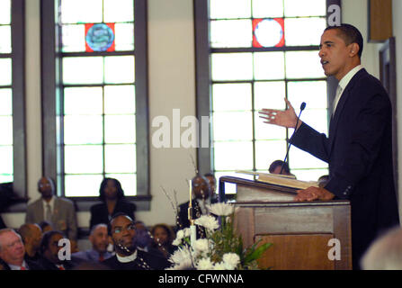 Clinton, Obama Commemorate Historic Selma March SELMA, AL - MARCH 04: Democratic Presidential candidate Illinois Senator Barack Obama speaks during the church service at the historic Brown Chapel African Methodist Episcopal Church Sunday morning before the march to commemorate the 1965 'Bloody Sunda Stock Photo