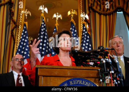 Mar 13, 2007 - Washington, DC, USA - Speaker of the House NANCY PELOSI (D-CA) speaks with reporters about new and upcoming 'accountability legislation,' which House Democrats tout as exercising Congress' check on the expansion of the Executive branch of government. Pelosi appeared with HENRY WAXMAN  Stock Photo