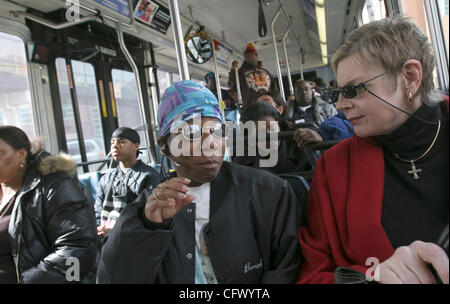 KYNDELL HARKNESS • kharkness@startribune.com.Beverly  Robinson, left, and Mary Ivory chat about taking care of family members and teaching them about life on their way downtown on the Metro Transit bus Route 5.  (Credit Image: © Minneapolis Star Tribune/ZUMA Press) Stock Photo