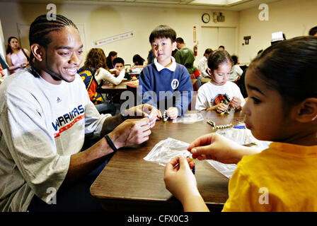 Golden State Warriors'  Josh Powell, left, helps children to make braceletes during his visit with Thunder at Hayward Main Library in Hayward, Calif., on Thursday Mar. 15, 2007. Children second from left is Joseph Chan, 8, Calvin Suesue, 4, and brother Maxwell, 2 1/2, all from Hayward. (Ray Chavez/T Stock Photo