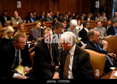 Mar 22, 2007 - Washington, DC, USA - Senator ORRIN HATCH (R-UT) speaks with aides during a Judiciary Committee meeting to vote on authorization giving the committee power to issue subpoenas in connection with the fired US Attorneys. A US Senate committee has voted to authorise legal orders compellin Stock Photo