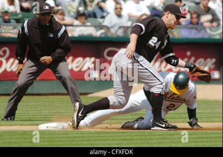 Oakland A's Shannon Stewart (#24) slides in safe ahead of the throw to Chicago White Sox third baseman Joe Crede (#24) on a sacrafice bunt by Nick Swisher during the first inning of their game in Oakland, Calif on Wednesday, April 11, 2007.  The White Sox went on to win the game 6-3. (Sherry LaVars/ Stock Photo