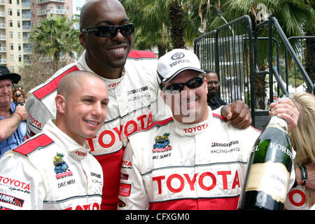 Apr 14, 2007; Long Beach, California, USA; DAVE MIRRA , Celebrity winner , and MIKE SKINNER , Pro winner, pose with JOH SALLEY after the  2007 Toyota Pro/Celebrity Race. The race is held in Long Beach and will raise over $100,000 for 'Racing for Kids' which benefits children's hospitals in Southern  Stock Photo