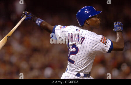 Chicago Cub Alfonso Soriano finishes his home run swing in the 9th inning bringing the National League within one run to tie the American League at the 2007 MLB All-Star game at AT&T Park in San Francisco, Calif. on Tuesday July 10, 2007. The American League won 5-4. (Doug Duran/Contra Costa Times) Stock Photo