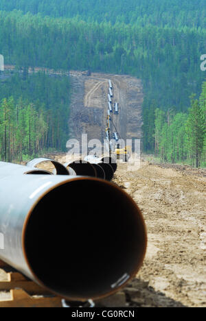 Construction of oil pipeline East Siberia - Pacific Ocean.The ambitious East Siberia-Pacific Ocean oil pipeline, managed by state-run oil pipe operator Transneft, is slated to pump up to 1.6 million barrels per day of crude from Siberia to Russia`s Far East, which will then be sent on to China and t Stock Photo