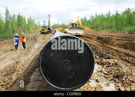 Construction of oil pipeline East Siberia - Pacific Ocean.The ambitious East Siberia-Pacific Ocean oil pipeline, managed by state-run oil pipe operator Transneft, is slated to pump up to 1.6 million barrels per day of crude from Siberia to Russia`s Far East, which will then be sent on to China and t Stock Photo