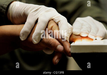 July 23, 2007 Jamul, CA Senior Border Patrol Agent MANNY ESPARZA uses an electronic fingerprinting device at the Jamul Border Patrol checkpoint to process a person found crossing into the United States from Mexico in the Tecate area. Laura Embry/San Diego Union-Tribune/Zuma Press, copyright 2007 San Stock Photo