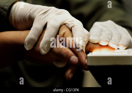 July 23, 2007 Jamul, CA Senior Border Patrol Agent MANNY ESPARZA uses an electronic fingerprinting device at the Jamul Border Patrol checkpoint to process a person found crossing into the United States from Mexico in the Tecate area. Laura Embry/San Diego Union-Tribune/Zuma Press, copyright 2007 San Stock Photo