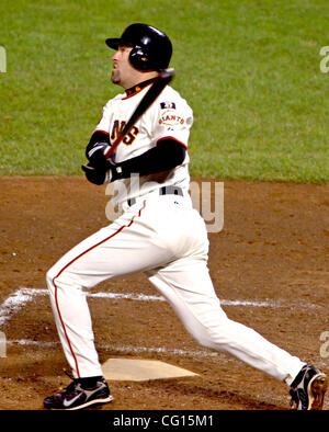 San Francisco Giants athlete Rich Aurilia connects for a homerun after a pitch by Chuck James during 6th inning action against the Atlanta Braves Wednesday, July 25, 2007, at AT&T in San Francisco, Calif. (Ron Lewis/San Mateo County Times) Stock Photo
