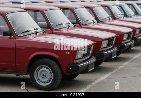 Brand new russian cars Lada ready for sale. Lada (Zhiguli) is an old soviet trade mark of cars. Lada cars are made by Avtovaz company. Stock Photo