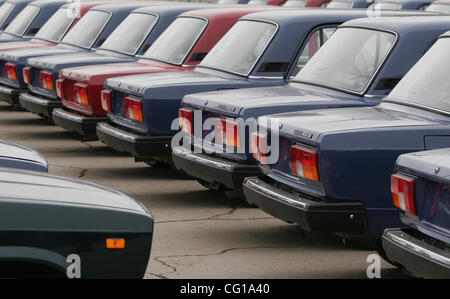 Brand new russian cars Lada ready for sale. Lada (Zhiguli) is an old soviet trade mark of cars. Lada cars are made by Avtovaz company. Stock Photo