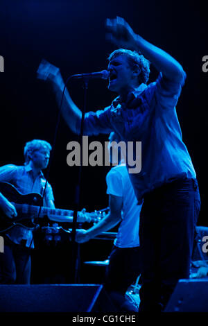 Cold War Kids performing at Madison Square Garden on August 6, 2007.  Nathan Willett (singer, keys,guitar - beard and mustache red hair), Matt Maust (bass), Jonnie Russell (lead guitar) and Matt Aveiro (drums) Stock Photo