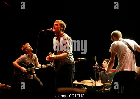 Cold War Kids performing at Madison Square Garden on August 6, 2007.  Nathan Willett (singer, keys,guitar - beard and mustache red hair), Matt Maust (bass), Jonnie Russell (lead guitar) and Matt Aveiro (drums) Stock Photo