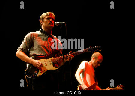 Cold War Kids performing at Madison Square Garden on August 6, 2007.  Nathan Willett (singer, keys,guitar - beard and mustache red hair), Matt Maust (bass), Jonnie Russell (lead guitar) and Matt Aveiro (drums) Stock Photo