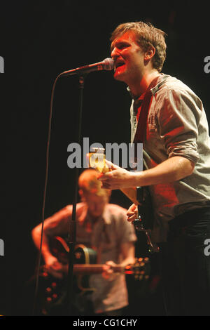 Cold War Kids performing at Madison Square Garden on August 6, 2007.  Nathan Willett (singer, keys,guitar - beard and mustache red hair), Matt Maust (bass), Jonnie Russell (lead guitar) and Matt Aveiro (drums) Stock Photo