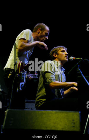 Cold War Kids performing at Madison Square Garden on August 6, 2007.  Nathan Willett (singer, keys,guitar - beard and mustache red hair), Matt Maust (bass), Jonnie Russell (lead guitar) and Matt Aveiro (drums) Stock Photo